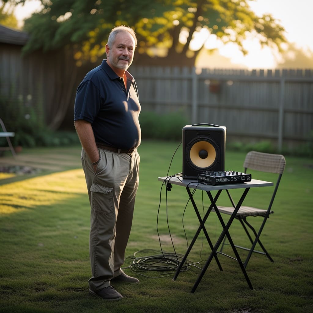 A DJ setting up sound equipment outdoors before a vow renewal ceremony begins, golden late-afternoon light..