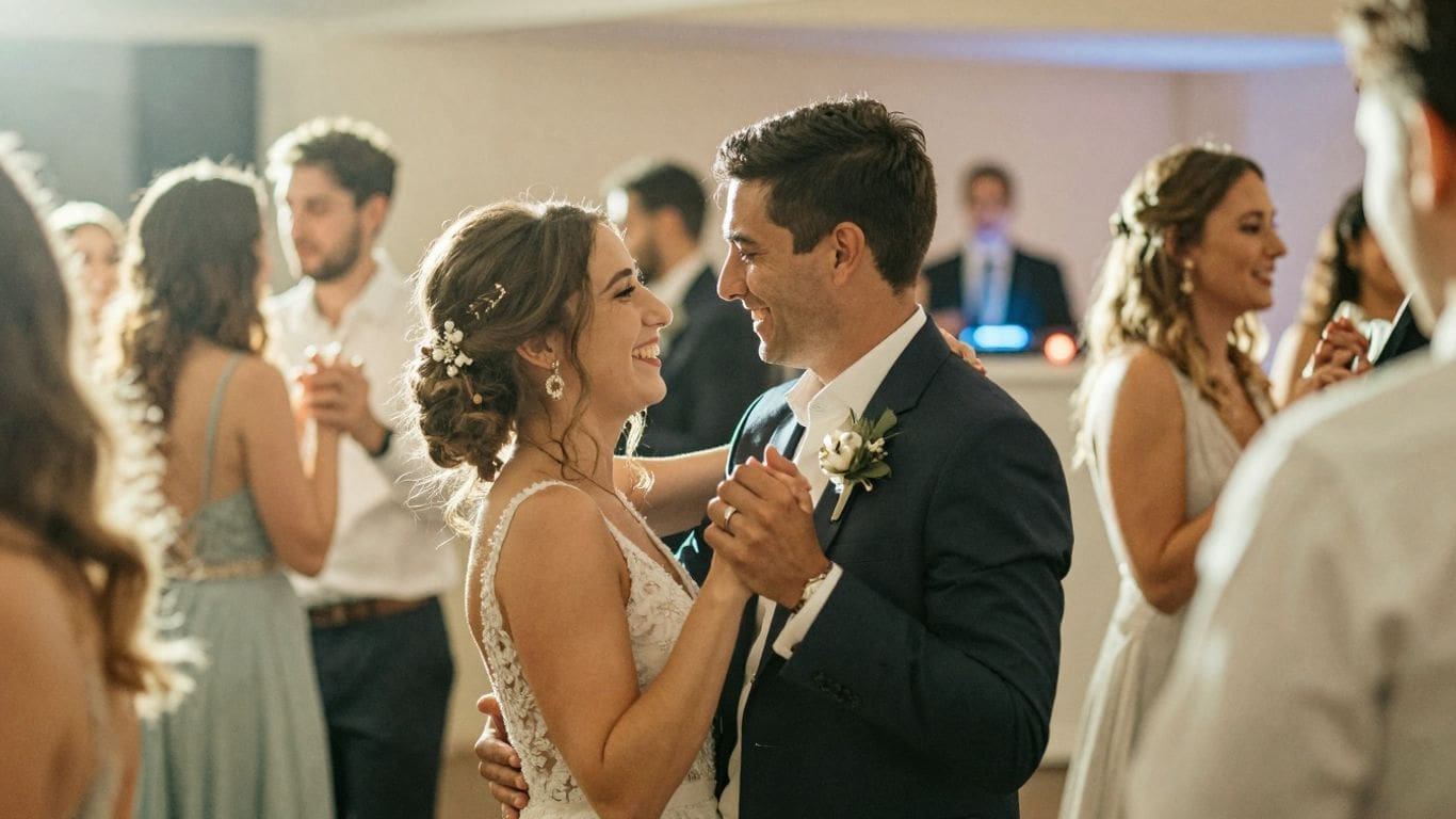 Couple dancing at wedding reception with DJ