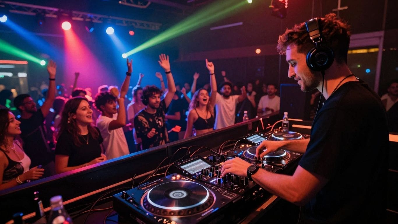 dj performing at nightclub with crowd dancing under colorful lights