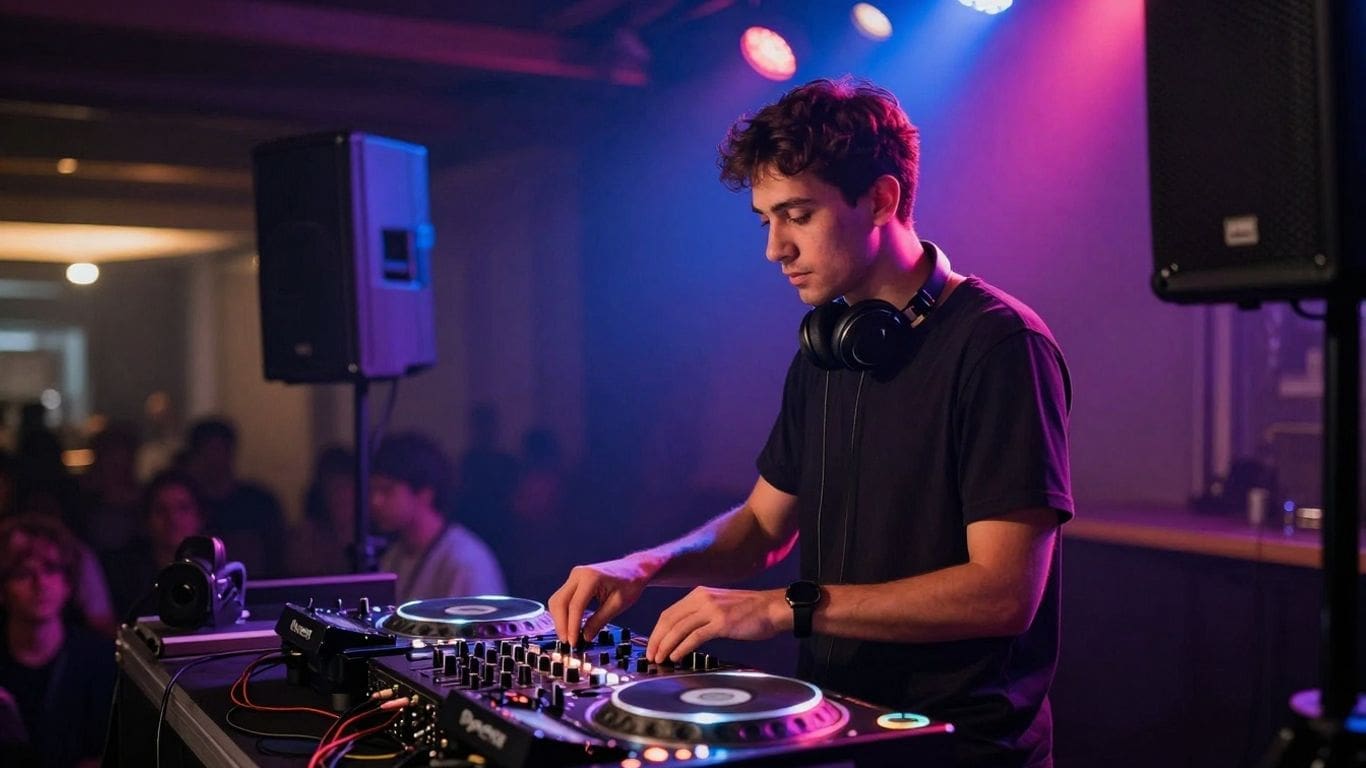 DJ performing at a club with colorful lights and crowd