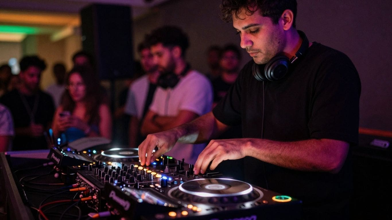 dj performing at a club with headphones and mixer