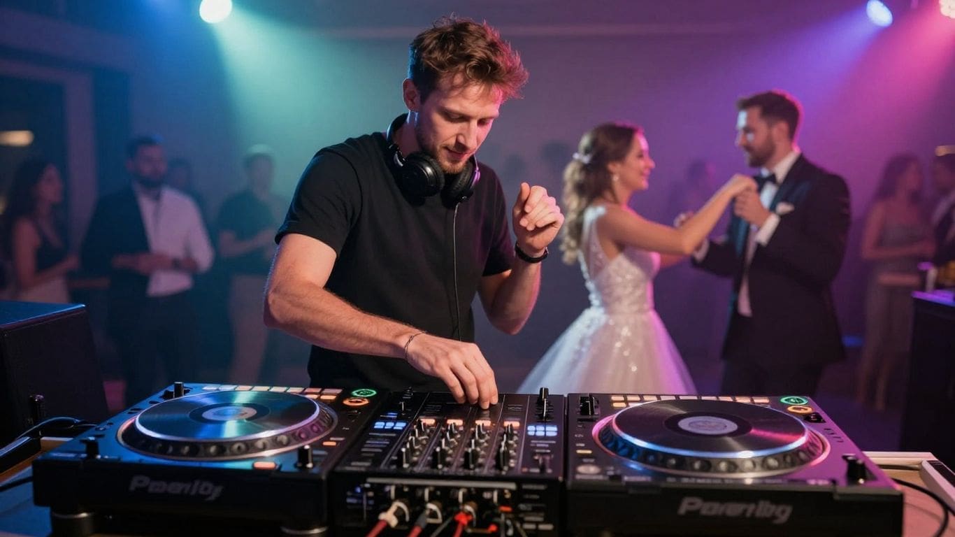 dj mixing music at wedding with couple dancing