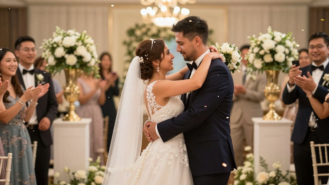 Bride and groom dancing at wedding with guests clapping