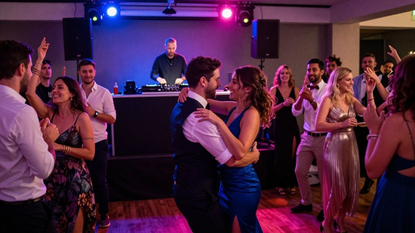 Couple dancing at party with DJ and colorful lights