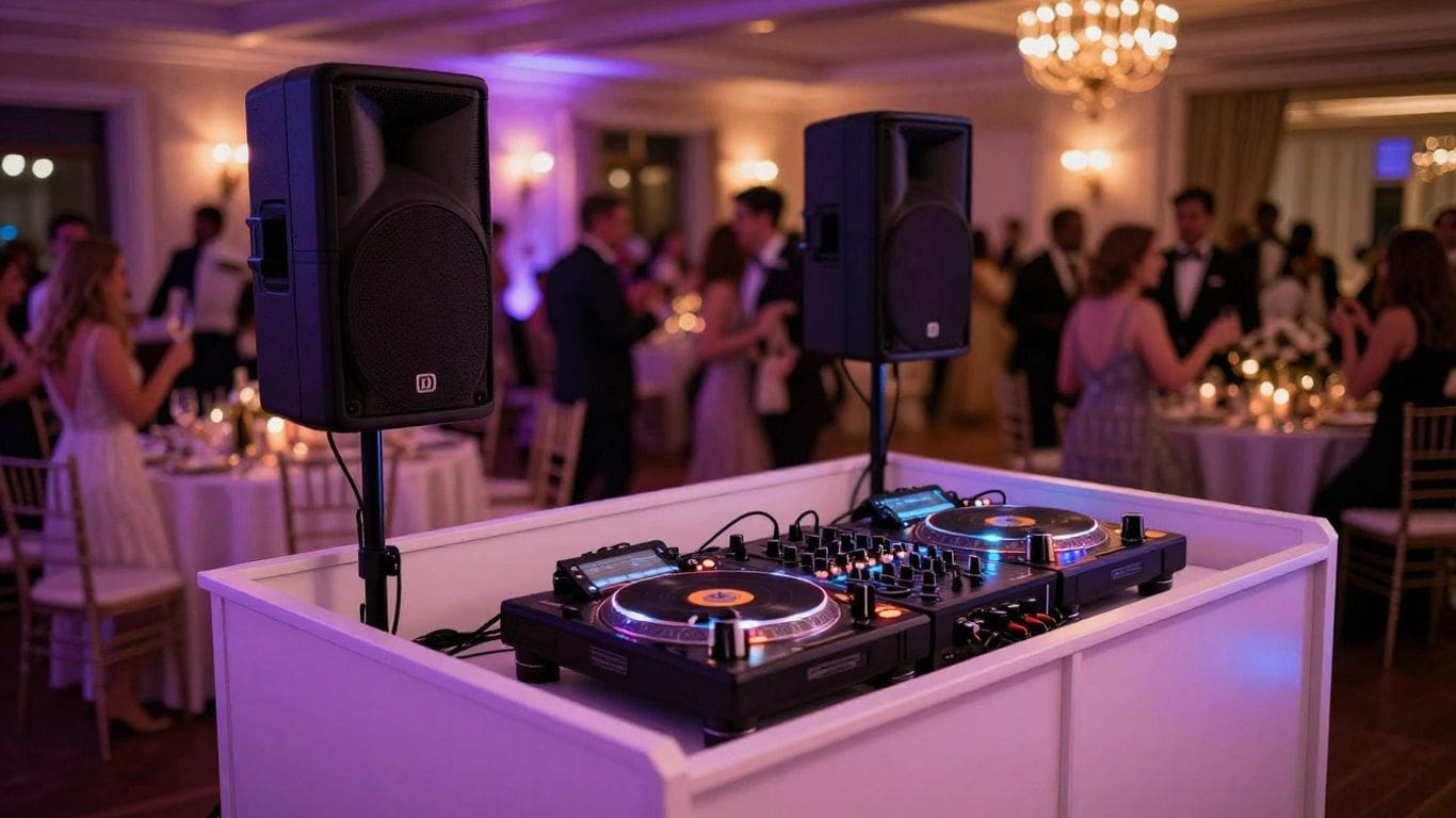 DJ booth with turntables and speakers at elegant wedding reception