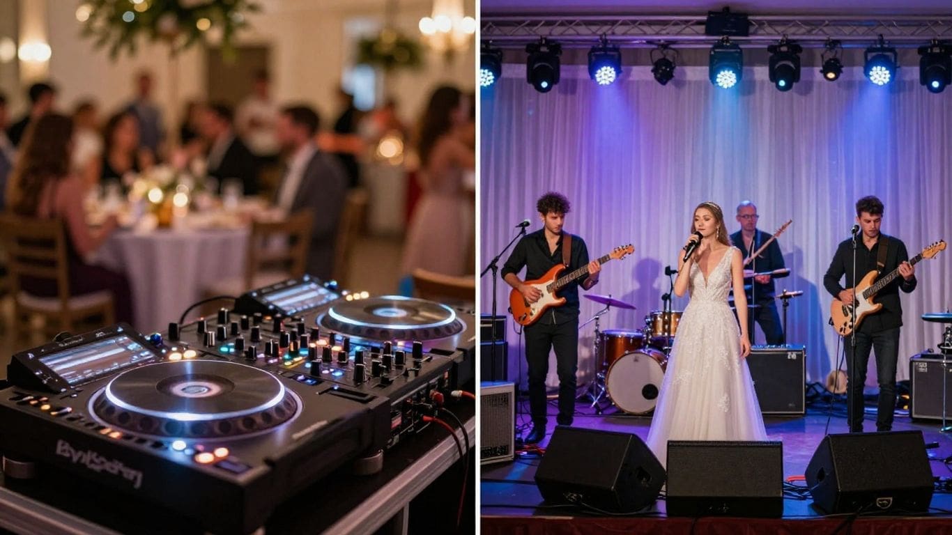 DJ equipment and live band performing at event