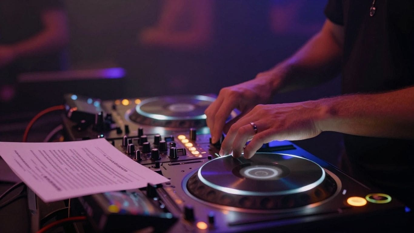 DJ mixing music on turntables in dimly lit club