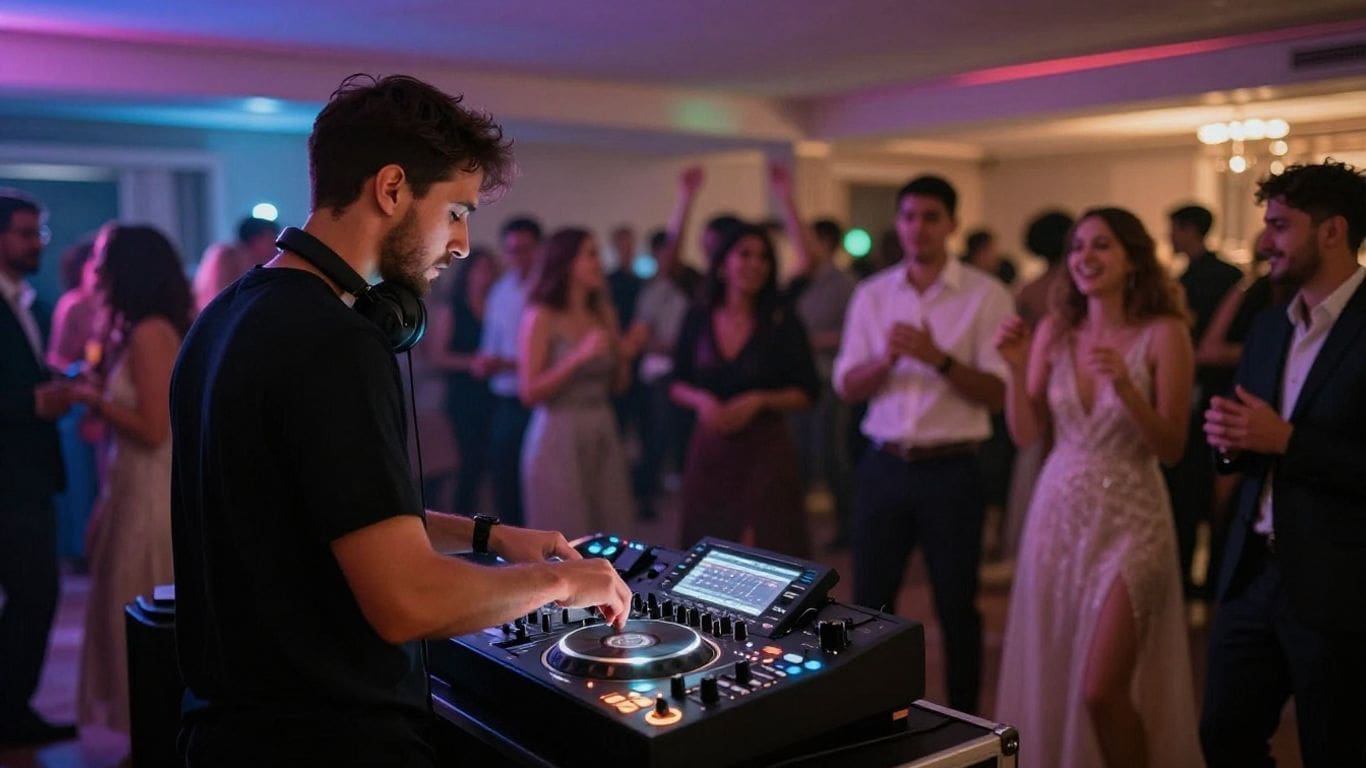 DJ playing music at a party with people dancing