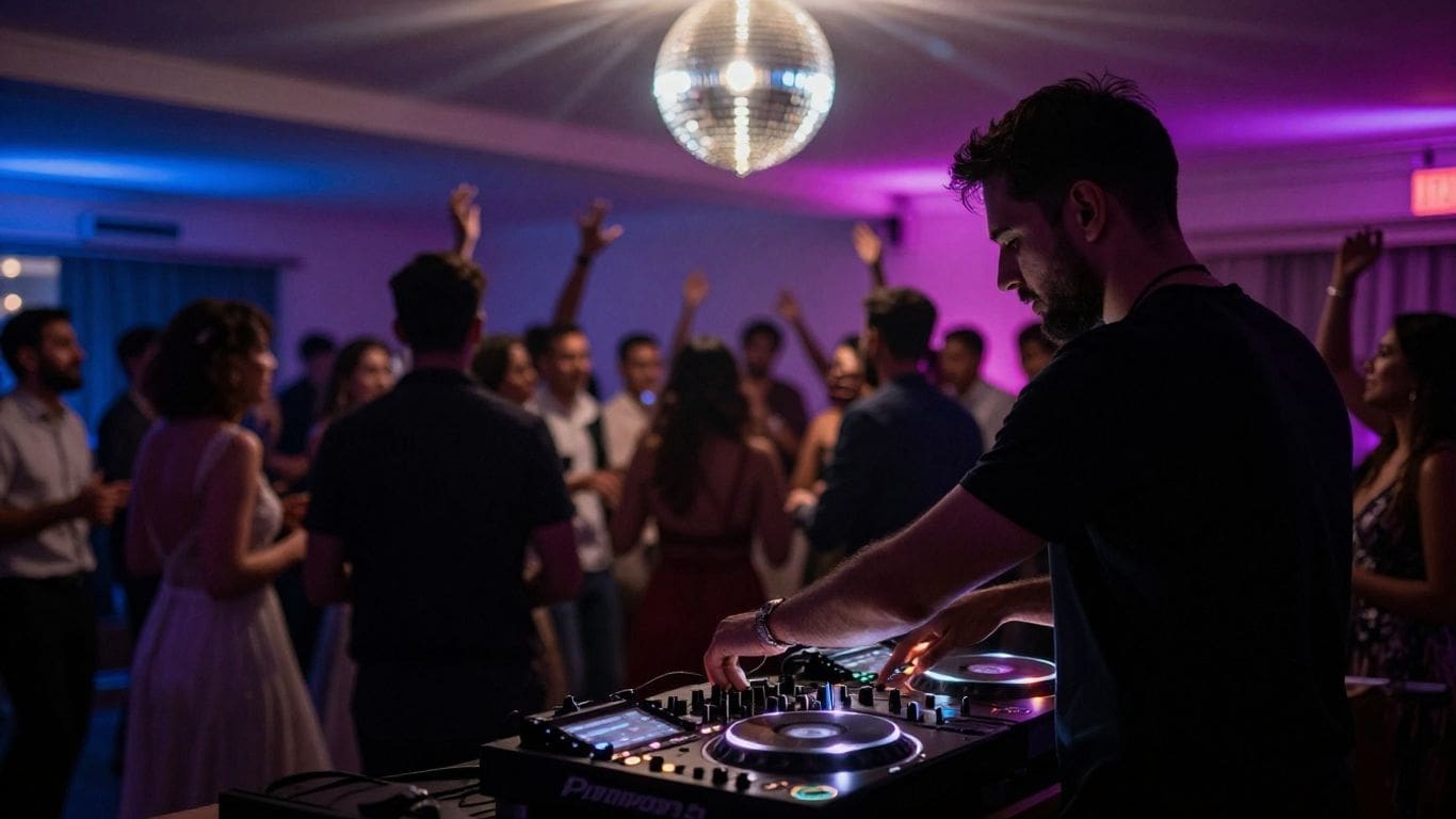 DJ playing music at a lively party with disco ball