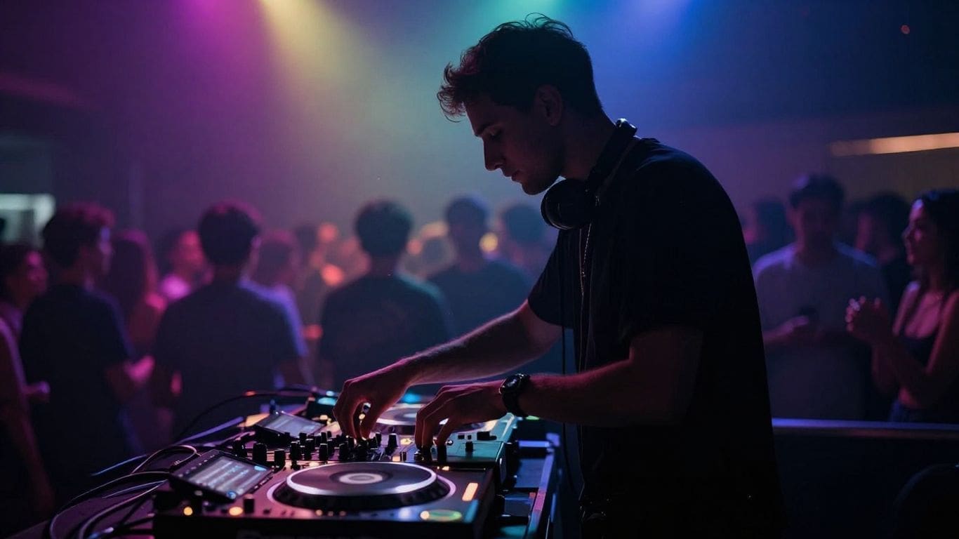DJ performing at nightclub with colorful lights