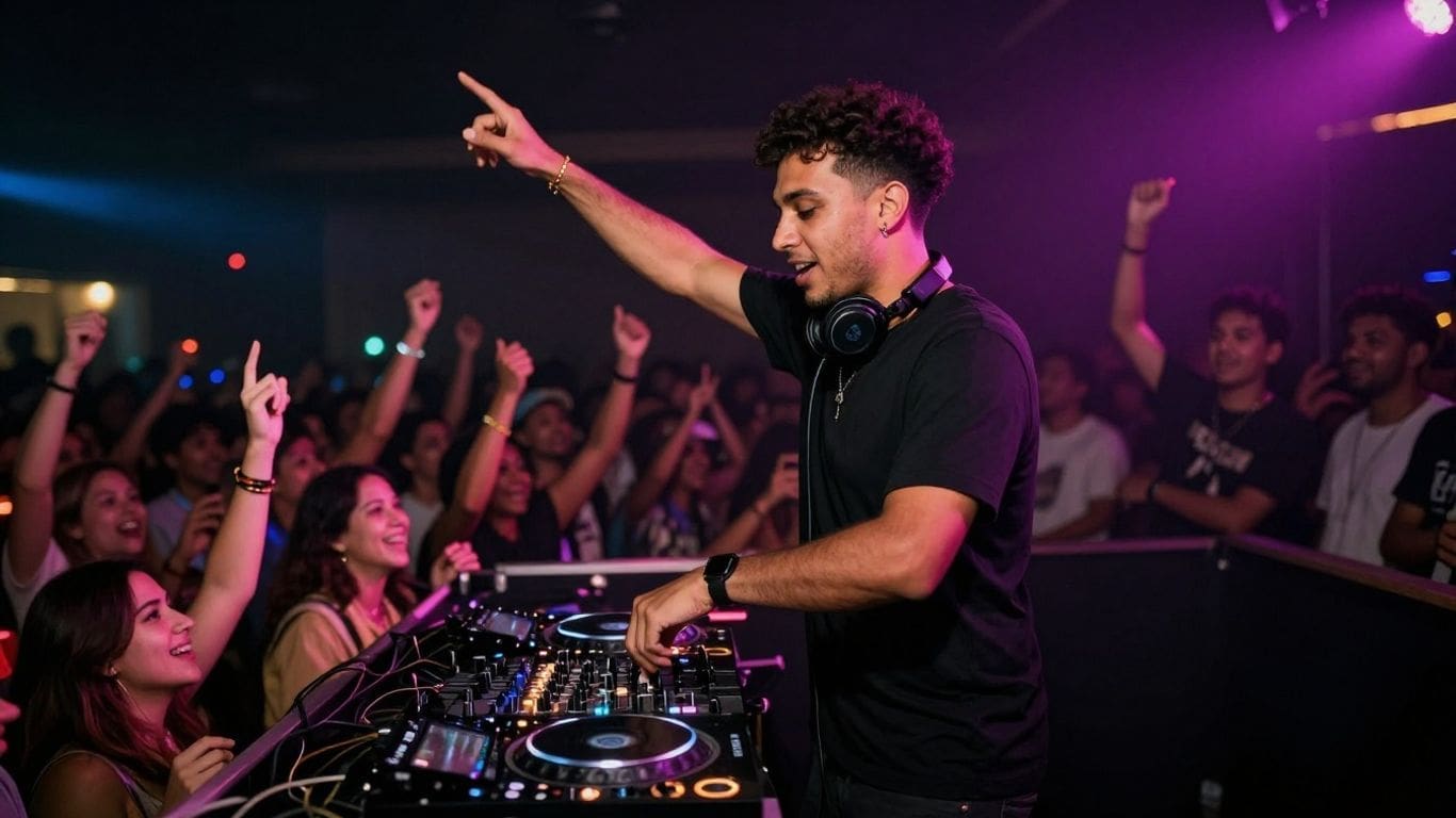 DJ performing at nightclub with crowd dancing