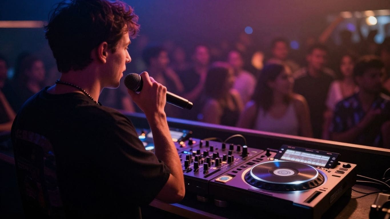 DJ holding microphone performing in nightclub with crowd