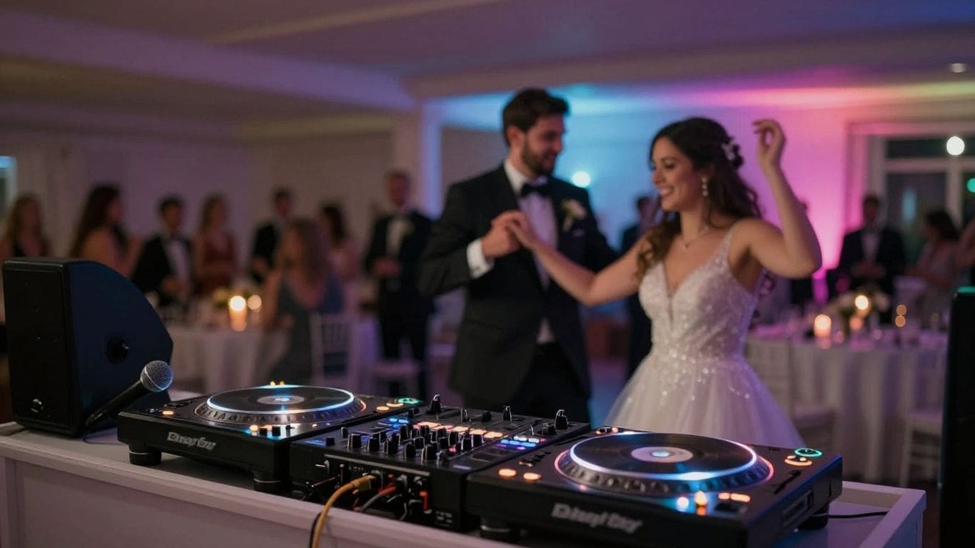 bride and groom dancing at wedding reception with dj equipment