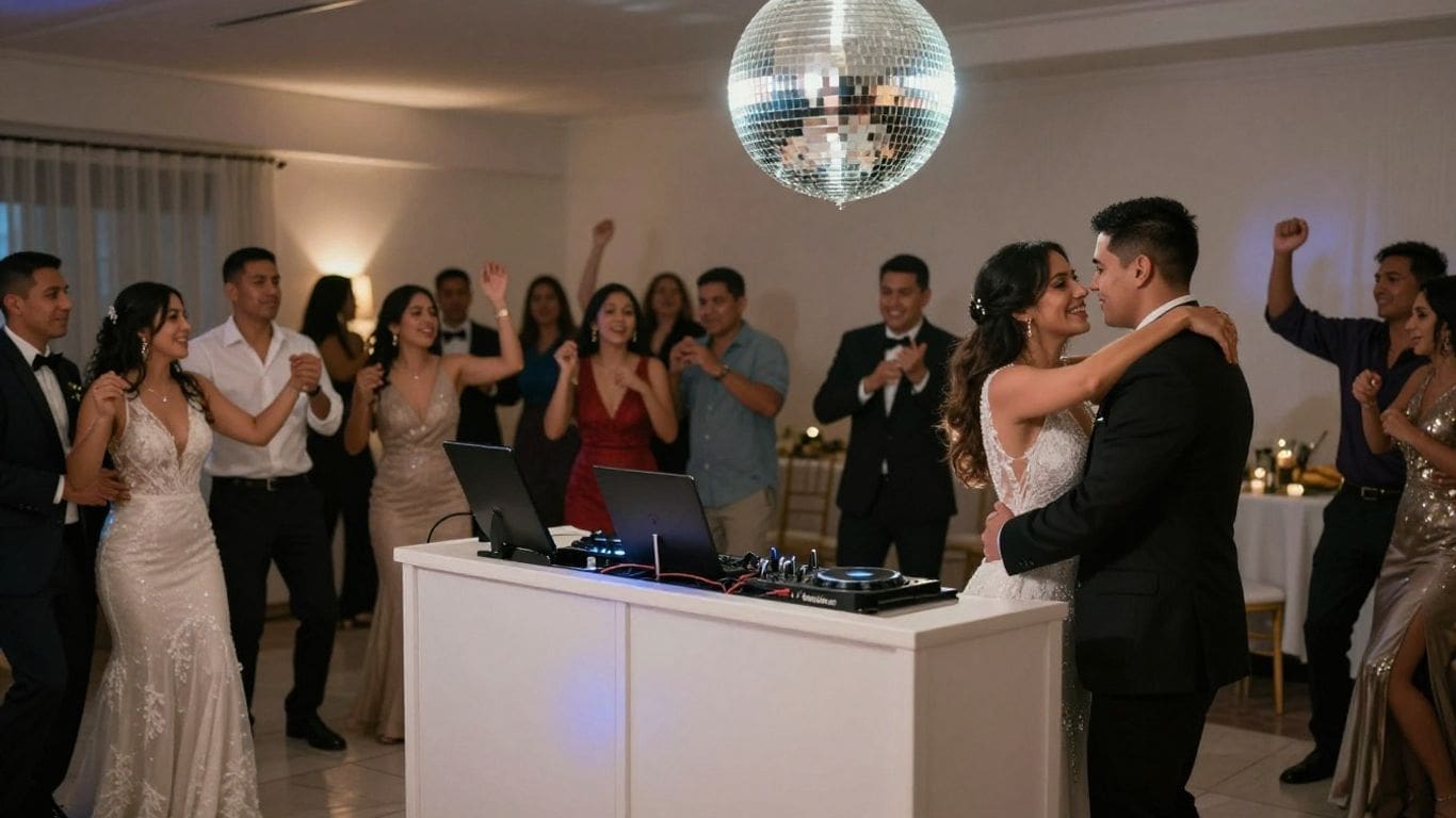 bride and groom dancing at wedding reception with guests