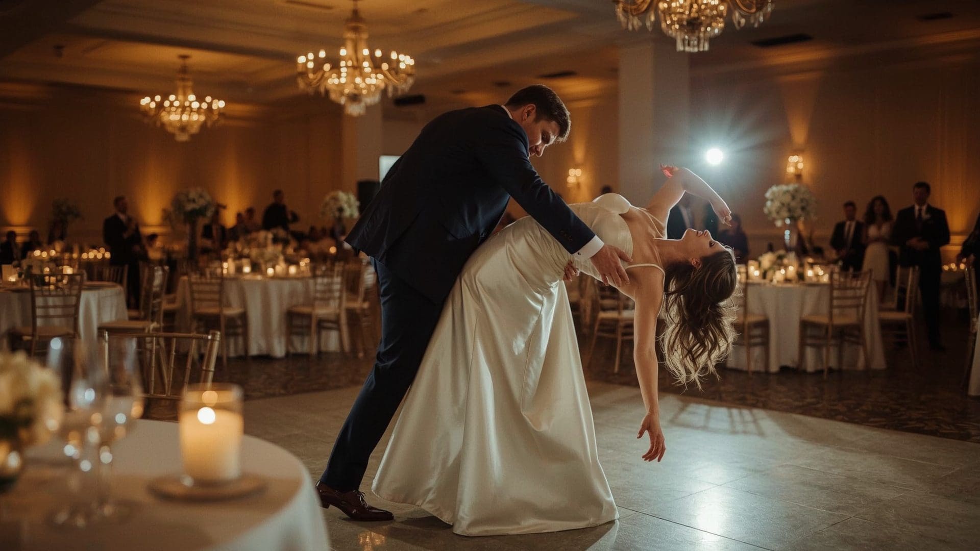 Bride and groom performing dramatic dip during memorable wedding first dance routine