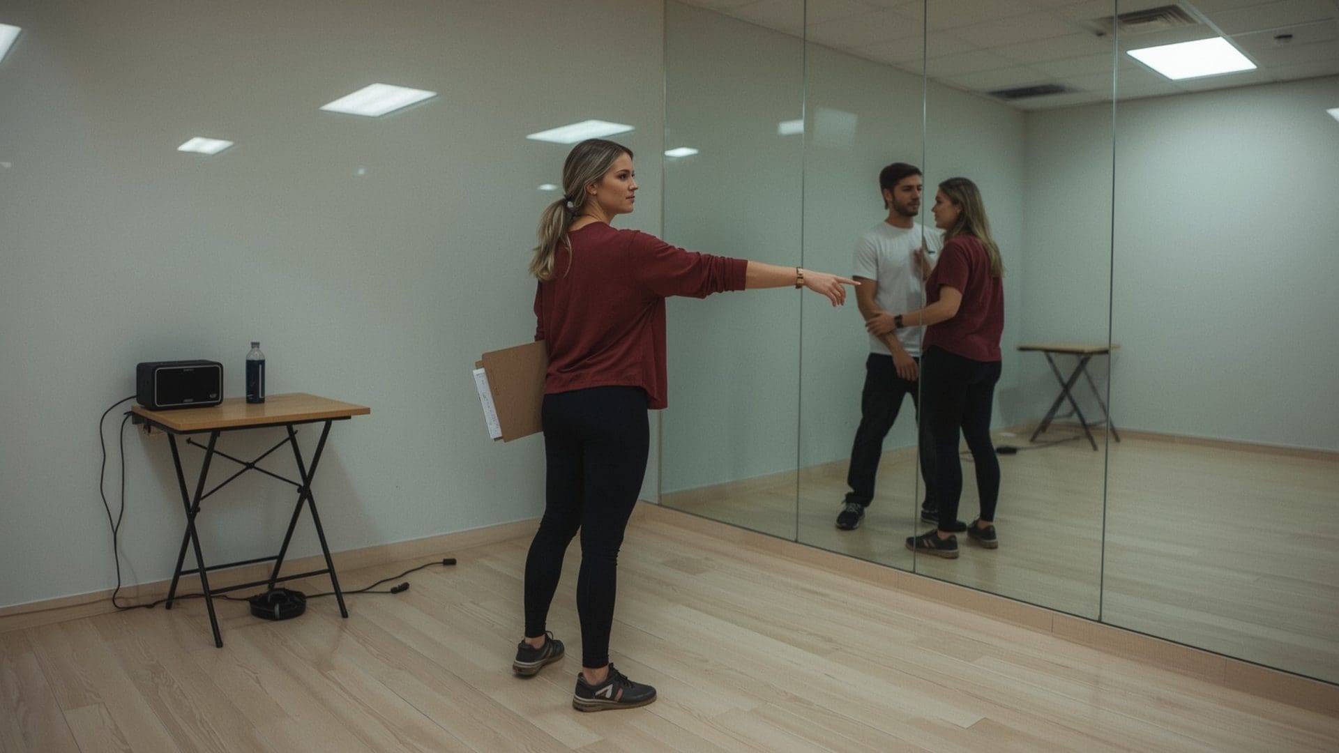 Dance instructor correcting couple's arm position during first dance lesson in studio