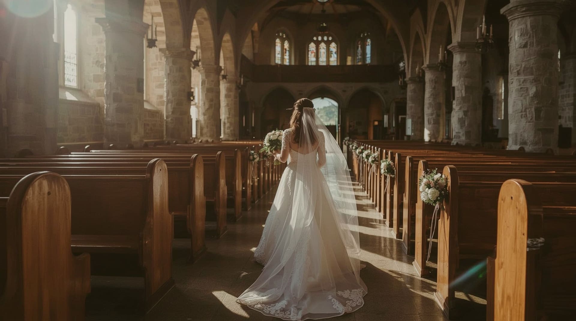 Bride walking down sunlit church aisle during faith-based wedding ceremony