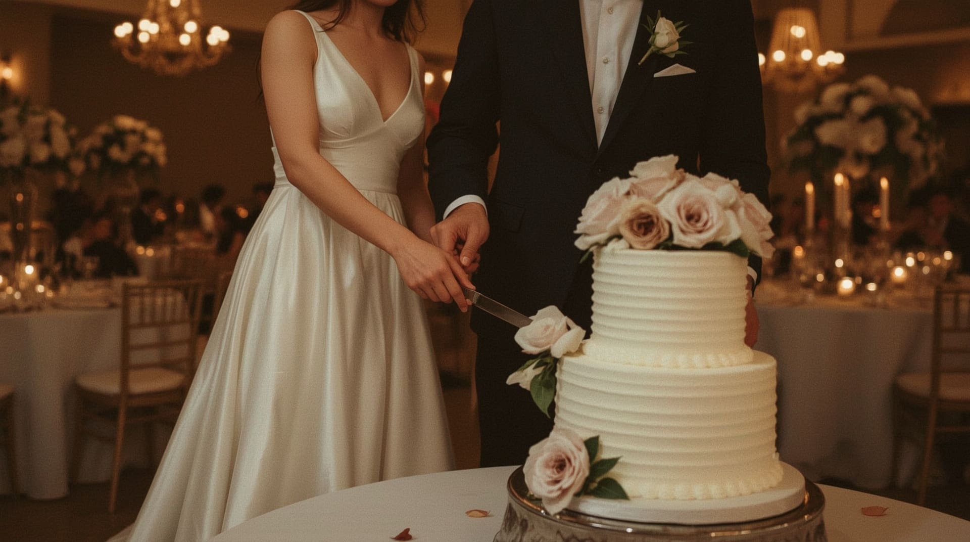 Couple cutting elegant tiered wedding cake during romantic reception ceremony