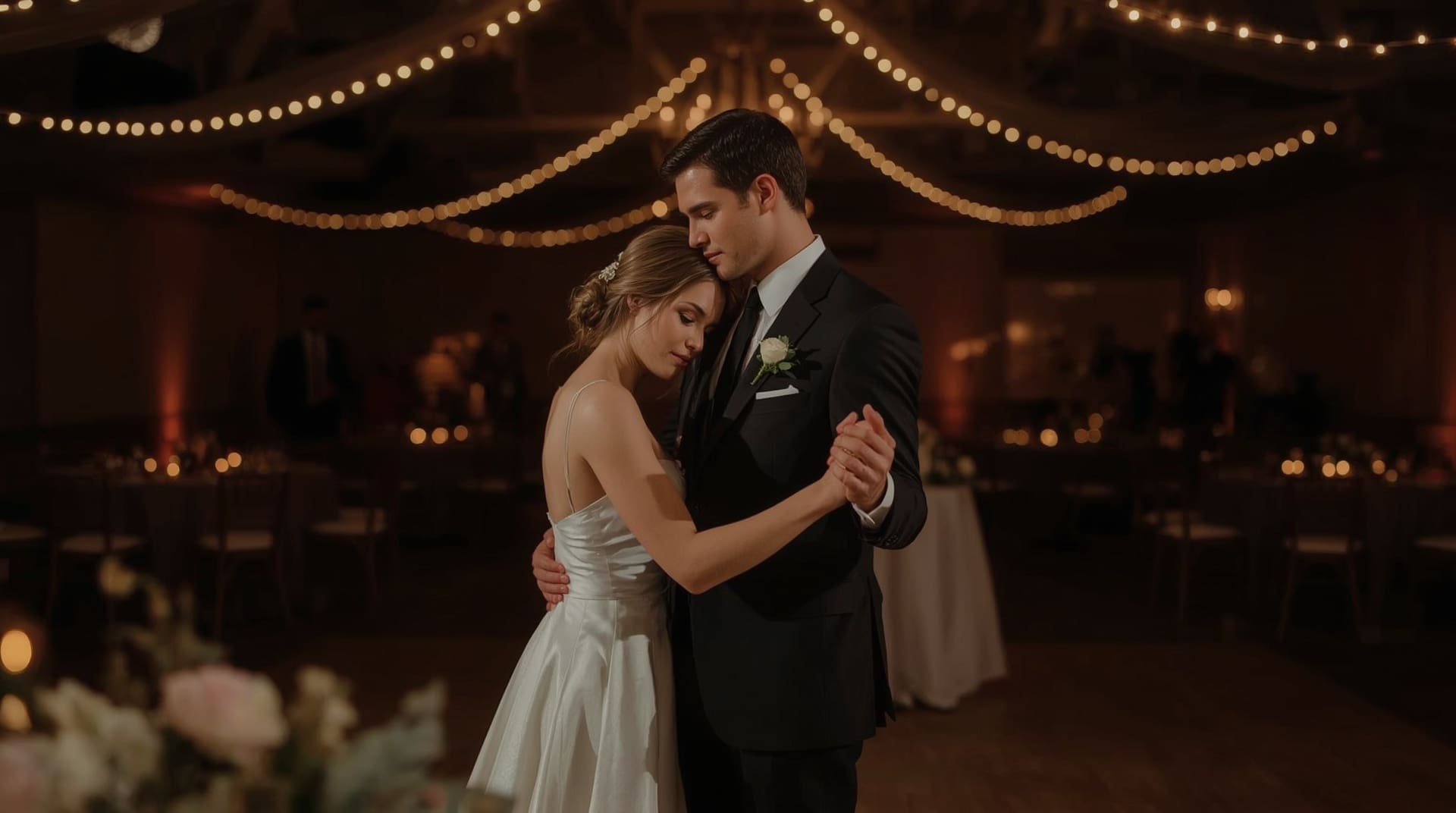 Couple sharing intimate slow last dance at dimly lit elegant wedding reception venue