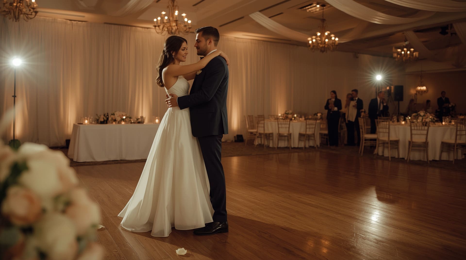 Couple sharing romantic first dance at elegant candlelit wedding reception