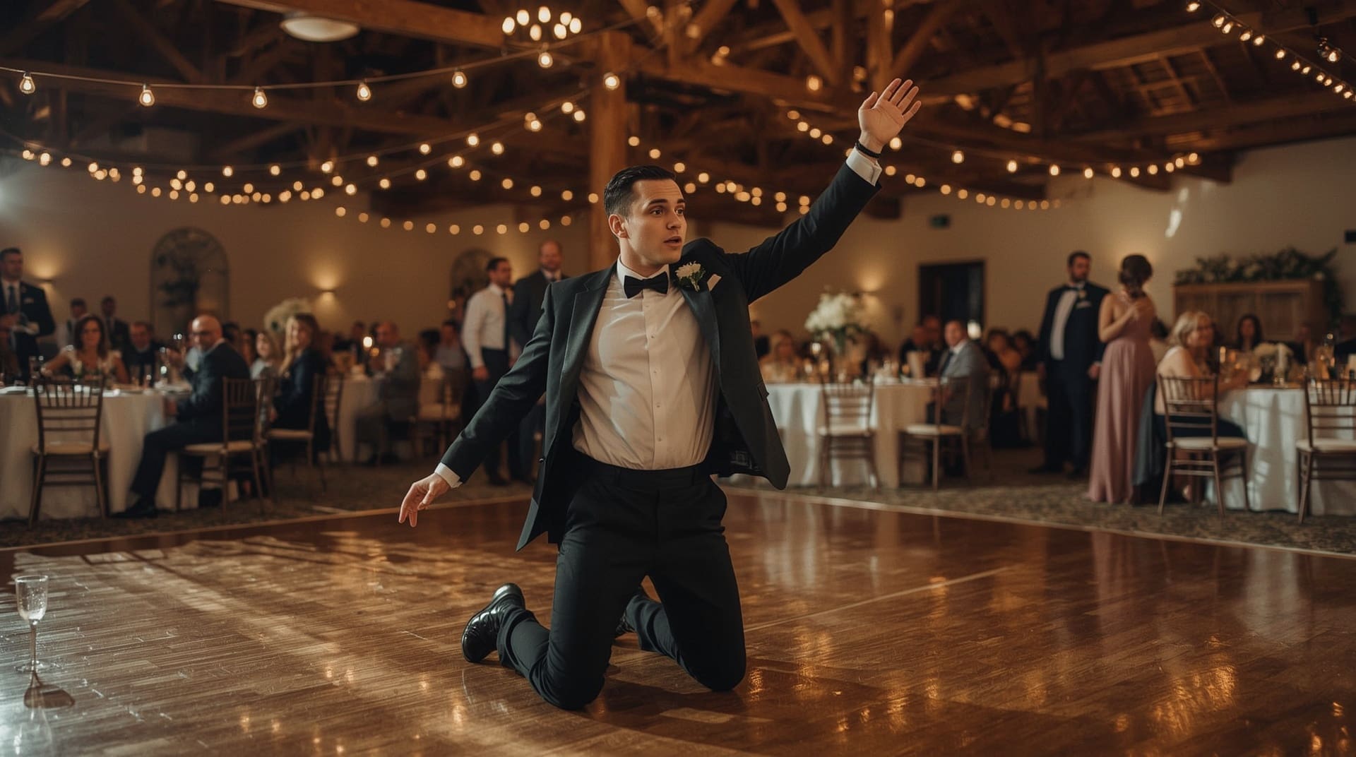 Groom kneeling dramatically on dance floor during funny garter toss at wedding reception