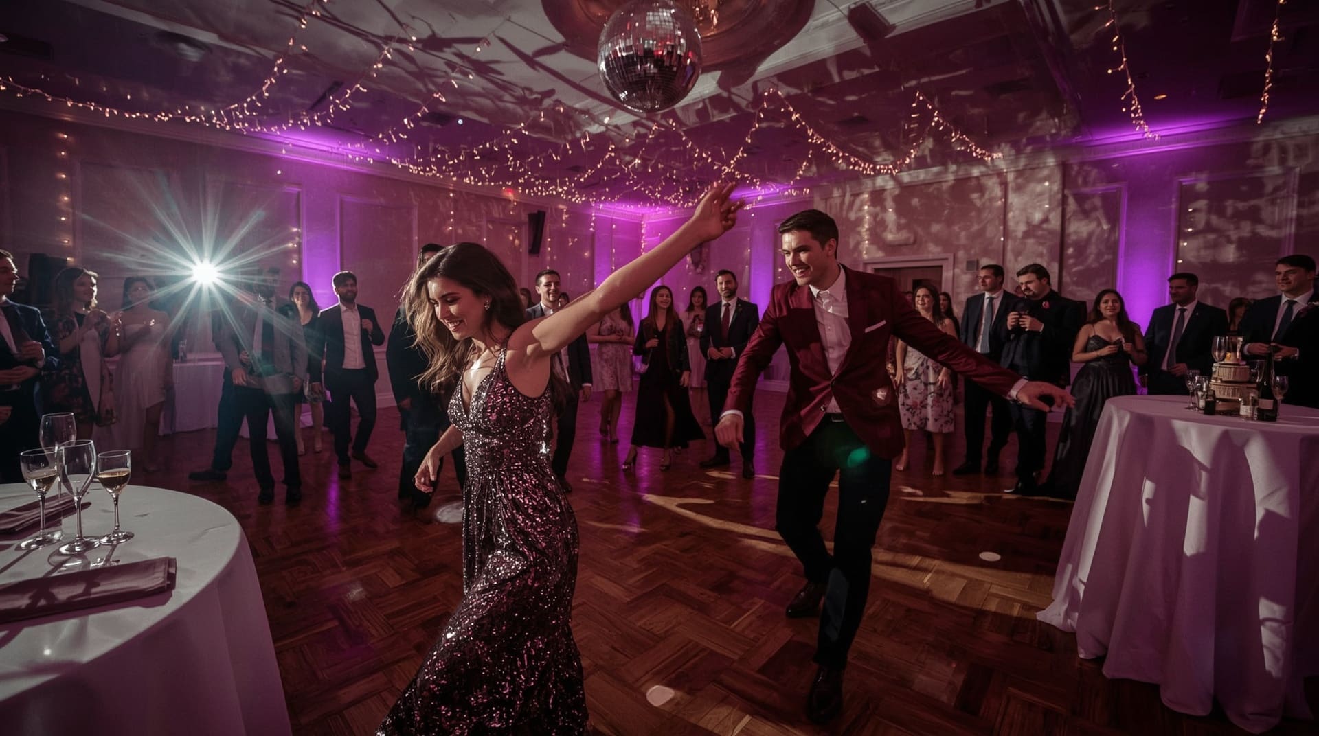 Joyful guests dancing energetically at vibrant R&B wedding reception