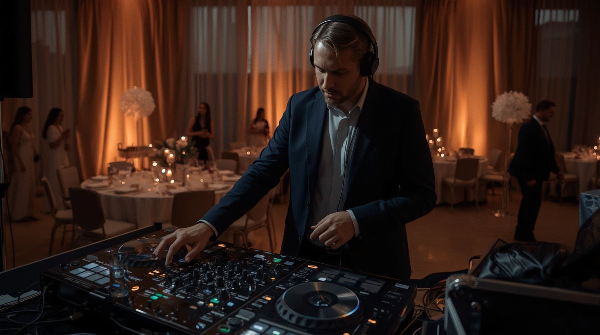 Professional corporate DJ operating mixer at elegant ballroom event venue