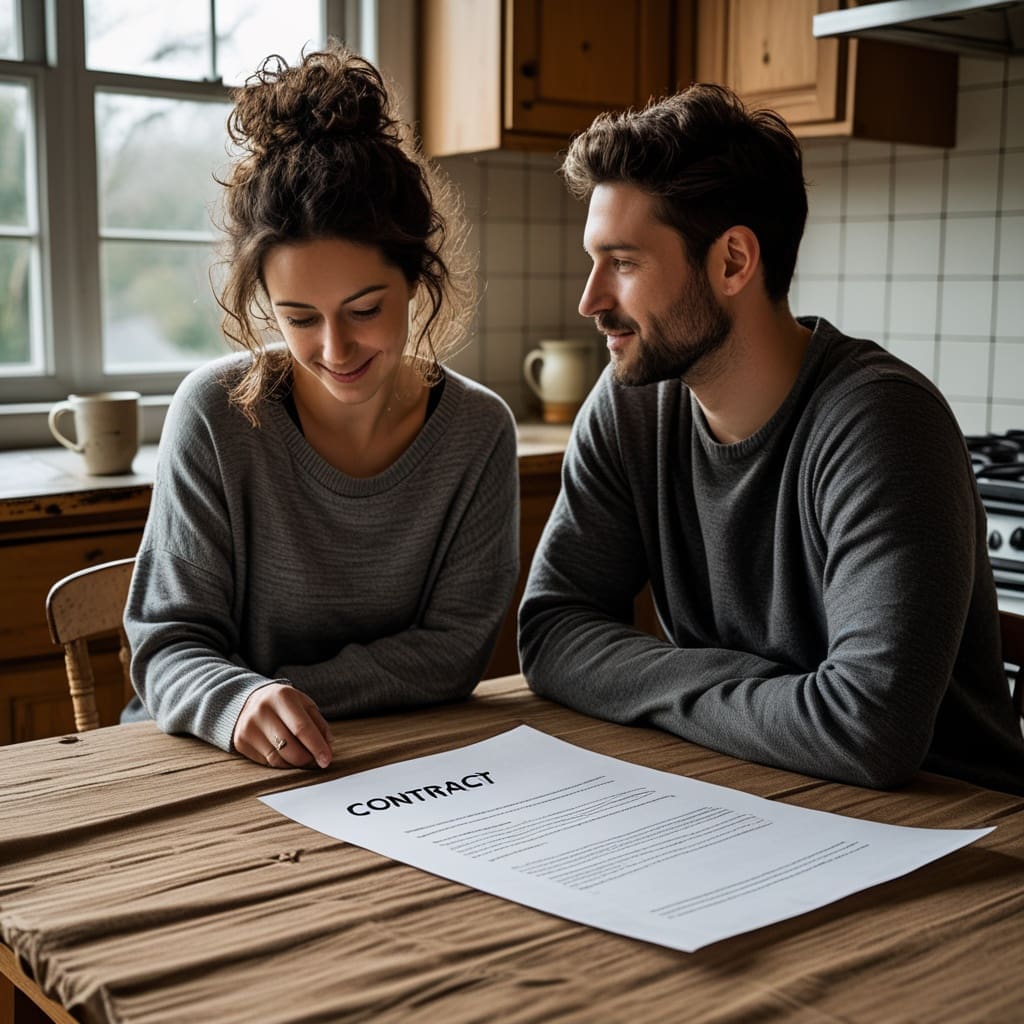Mid-article image showing a couple reviewing a DJ contract at a kitchen table.