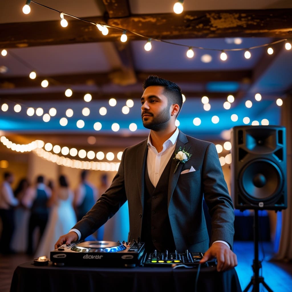 Image showing a DJ performing during a wedding reception with guests dancing in the background.