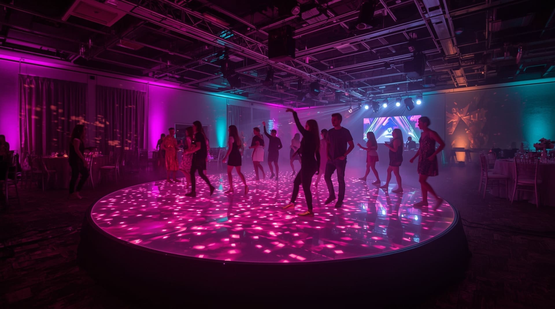 LED dance floor and 360 photo booth setup glowing at a Sweet 16 party